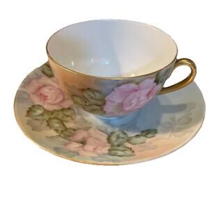Vintage O & EG Royal Austria Tea Cup Saucer Floral Pink Signed J.B.H. Parker